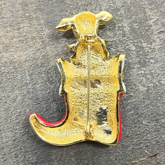 Cute Vintage Gold Tone Christmas Puppy in Stocking Red Boot Brooch Pin - Picture 2 of 9